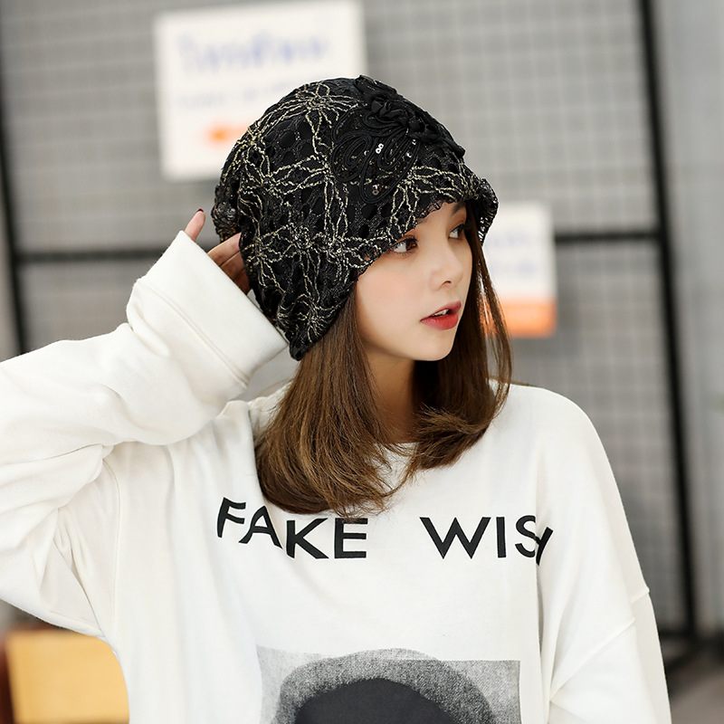 New Lace Three Flowers Capped Baotou Cap Sweet Temperament Pullover Cap Embossed Dome Cap