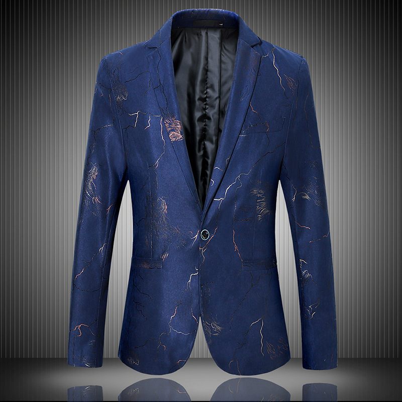 Lente En Herfst Herenblazers Casual Mode Single Breasted Donkerblauwe Print