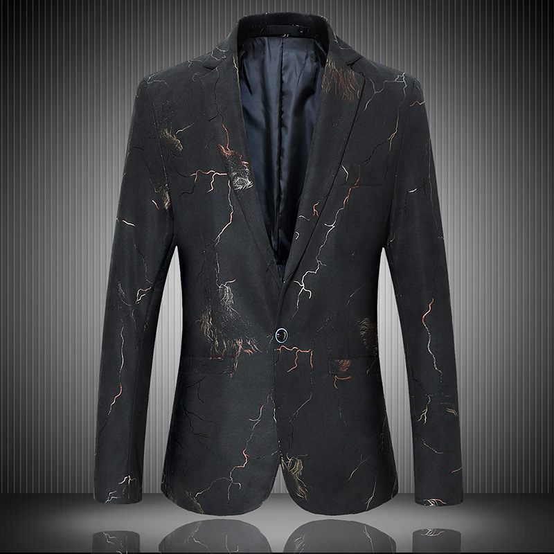 Lente En Herfst Herenblazers Casual Mode Single Breasted Donkerblauwe Print