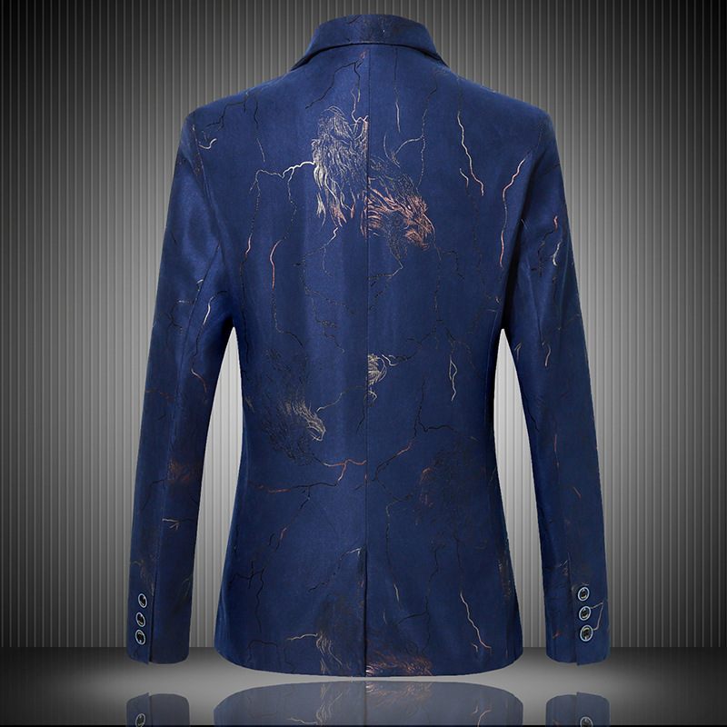 Lente En Herfst Herenblazers Casual Mode Single Breasted Donkerblauwe Print