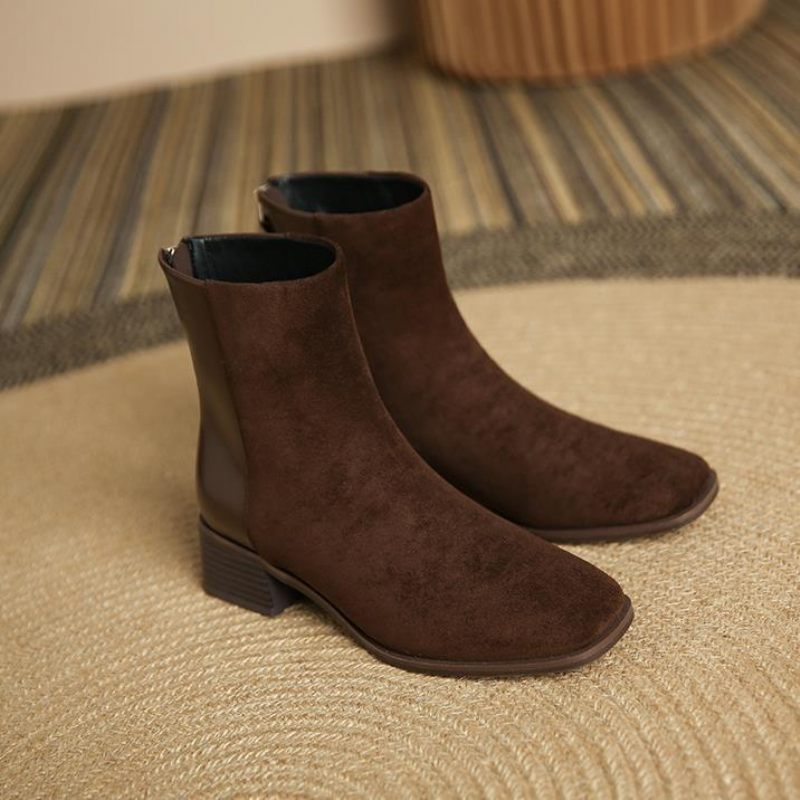 9322-3 Suede Stiksels Vierkante Neus Martin Laarzen Herfst En Winter Achter Rits Dikke Hak Korte Vrouwen Mid Hak Elastische