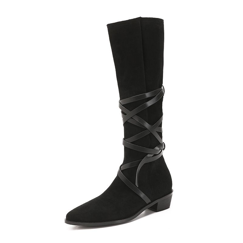 Herfst En Winter Nieuwe Western Tie-up Poollaarzen Spitse Neus Retro Mid-tube Laarzen Mid-heel Verhoogde Dames