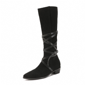 Herfst En Winter Nieuwe Western Tie-up Poollaarzen Spitse Neus Retro Mid-tube Laarzen Mid-heel Verhoogde Dames