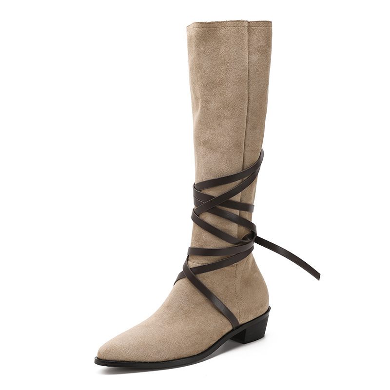 Herfst En Winter Nieuwe Western Tie-up Poollaarzen Spitse Neus Retro Mid-tube Laarzen Mid-heel Verhoogde Dames