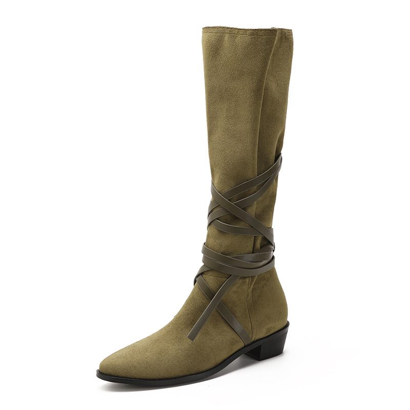 Herfst En Winter Nieuwe Western Tie-up Poollaarzen Spitse Neus Retro Mid-tube Laarzen Mid-heel Verhoogde Dames