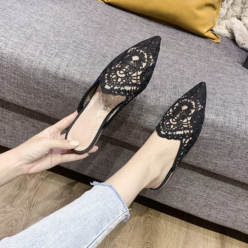 Fashion Baotou Slippers Dames 2024 Vroege Lente Nieuwe Puntige Kant Mesh Neus Platte Muilezels