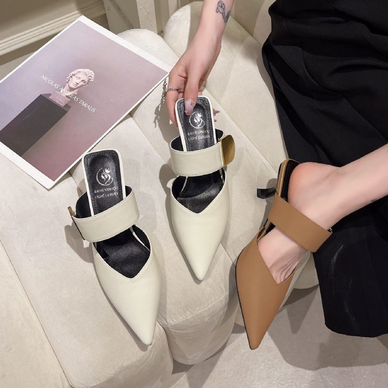 Schapenvacht Muller Schoenen Wit Baotou Stiletto Medium Hak Vrouwen 2024 Nieuwe Herfst Puntschoen Hoge Hak Sandalen