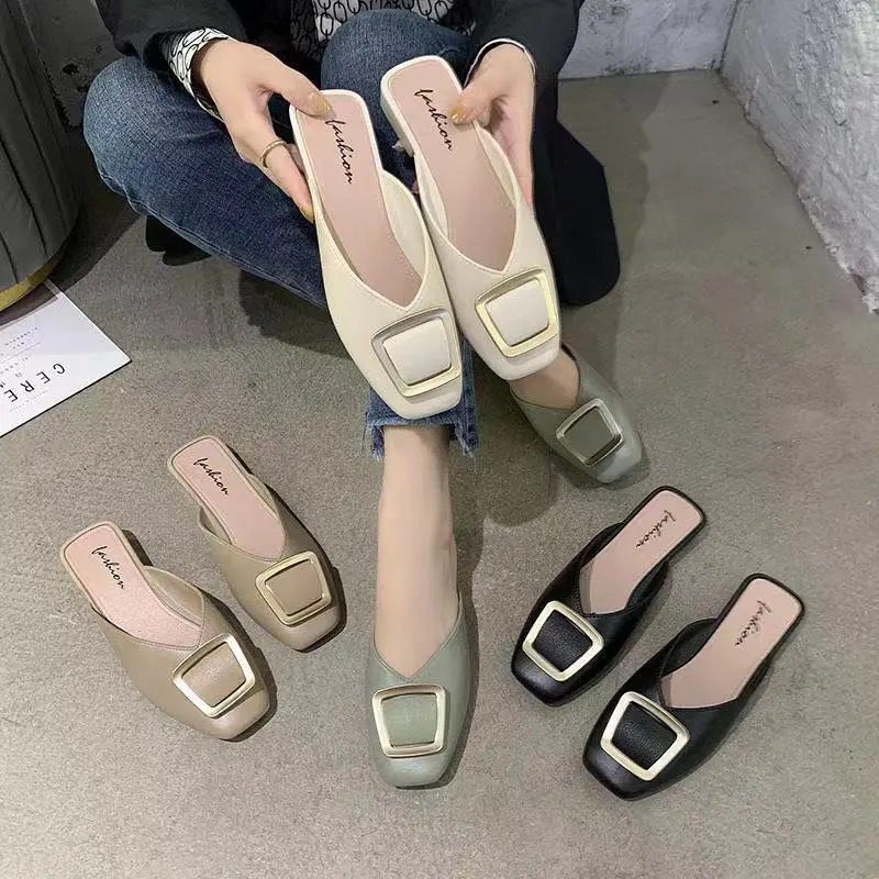 Vierkante Gesp Baotou Slippers Damesmode 2024 Nieuwe Muller Platte Hak Neus Sandalen Damesschoenen