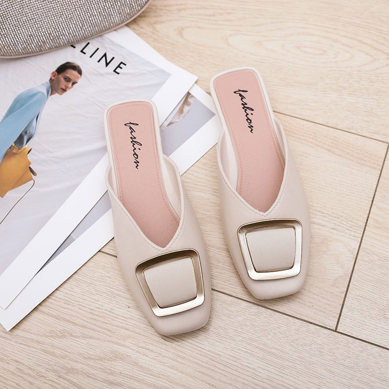 Vierkante Gesp Baotou Slippers Damesmode 2024 Nieuwe Muller Platte Hak Neus Sandalen Damesschoenen