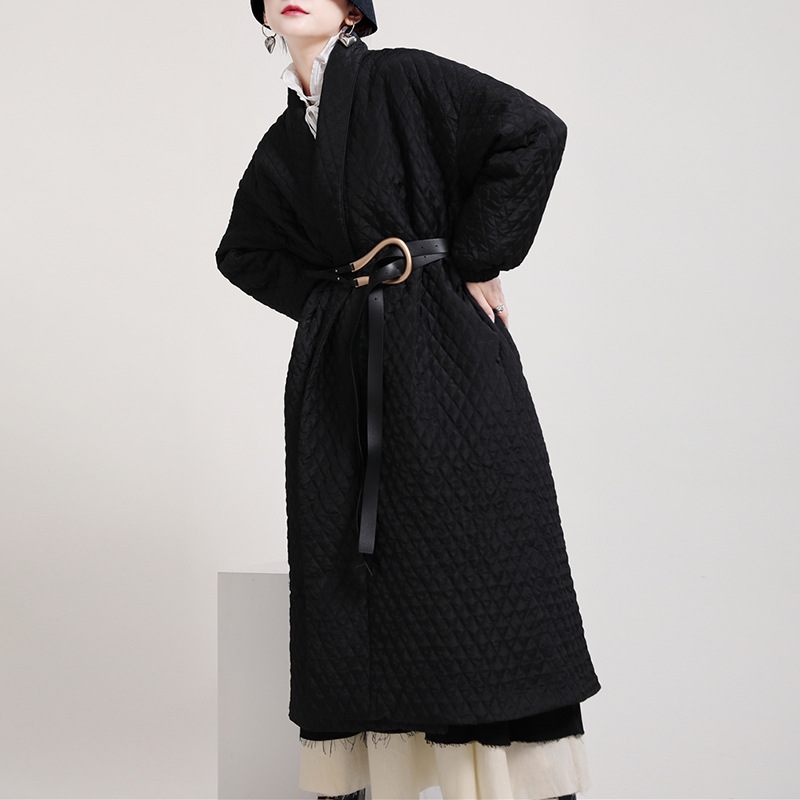 2024 Dark Rhombus Cotton Jacket Ladies Back Slit Button Long Section