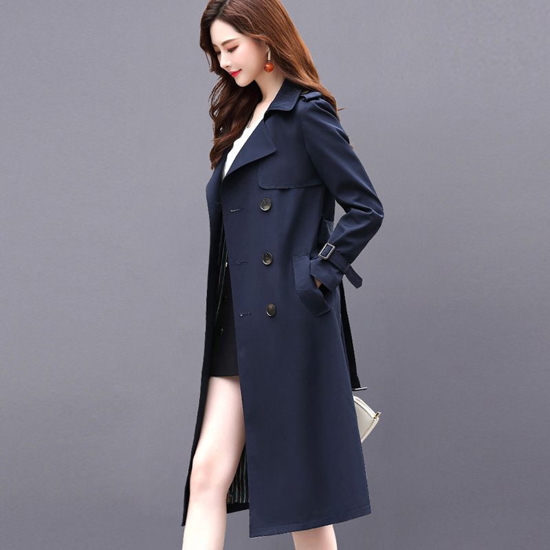 Dames Trenchcoat 2024 Lange Sectie Knie Taille Effen Kleur Double-breasted Jas