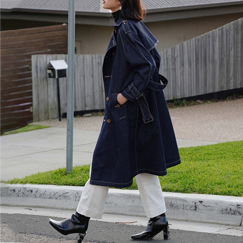 Retro Dames Denim Trenchcoat 2024 Lange Jas Trend