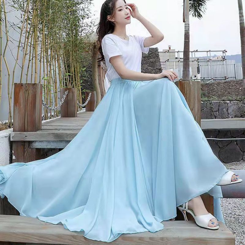 2024 Chiffon Dubbellaagse Rok Swing Rok Casual Strand Lange Rok