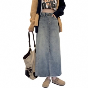 2024 Retro Denim Rok Dames Halflange Slit Hoge Taille Rechte Rok