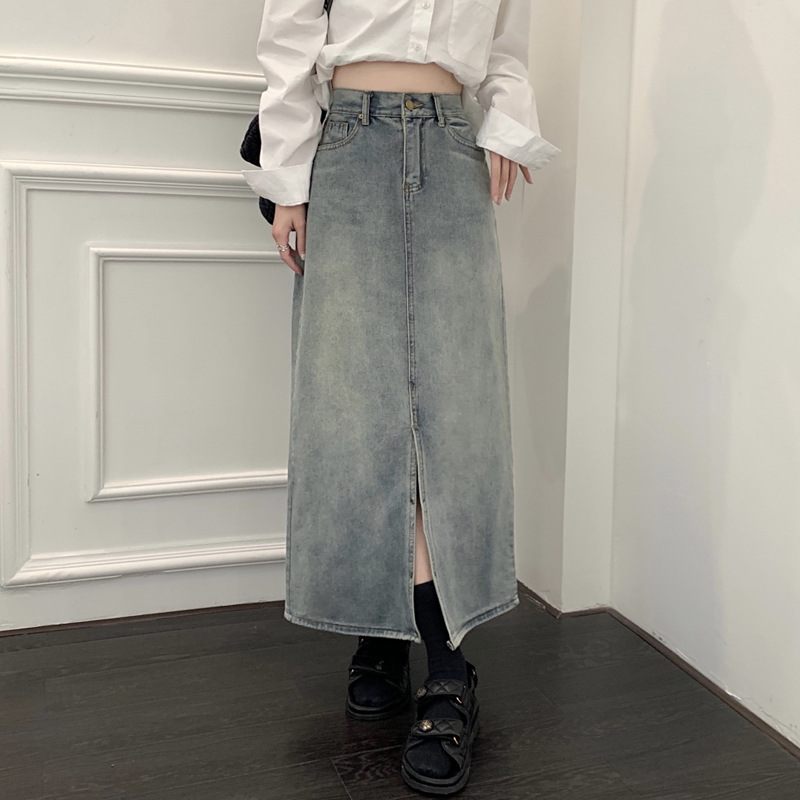 2024 Retro Denim Rok Dames Halflange Slit Hoge Taille Rechte Rok