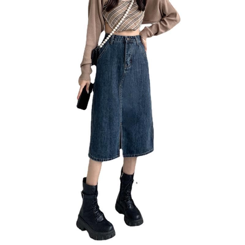 2024 Retro Spleet Denim Rok Dames Halflange Hoge Taille