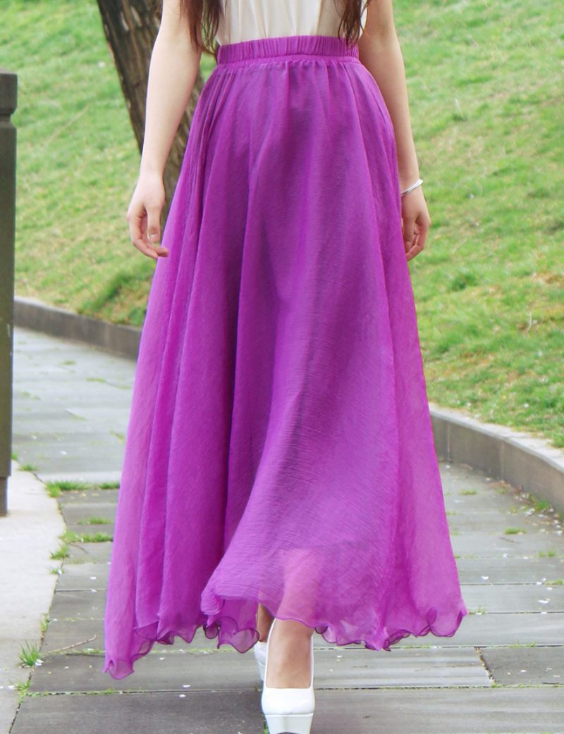 Chiffon Rok Hoge Taille Effen Kleur Grote Swing Lange Rok Strand Rok