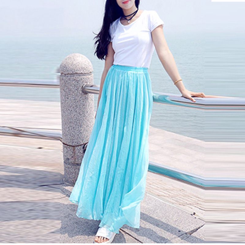 Chiffon Rok Hoge Taille Effen Kleur Grote Swing Lange Rok Strand Rok