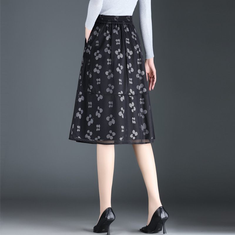 Dames Zwarte Mode Mesh Rok 2024 Elegante Bedrukte Rok