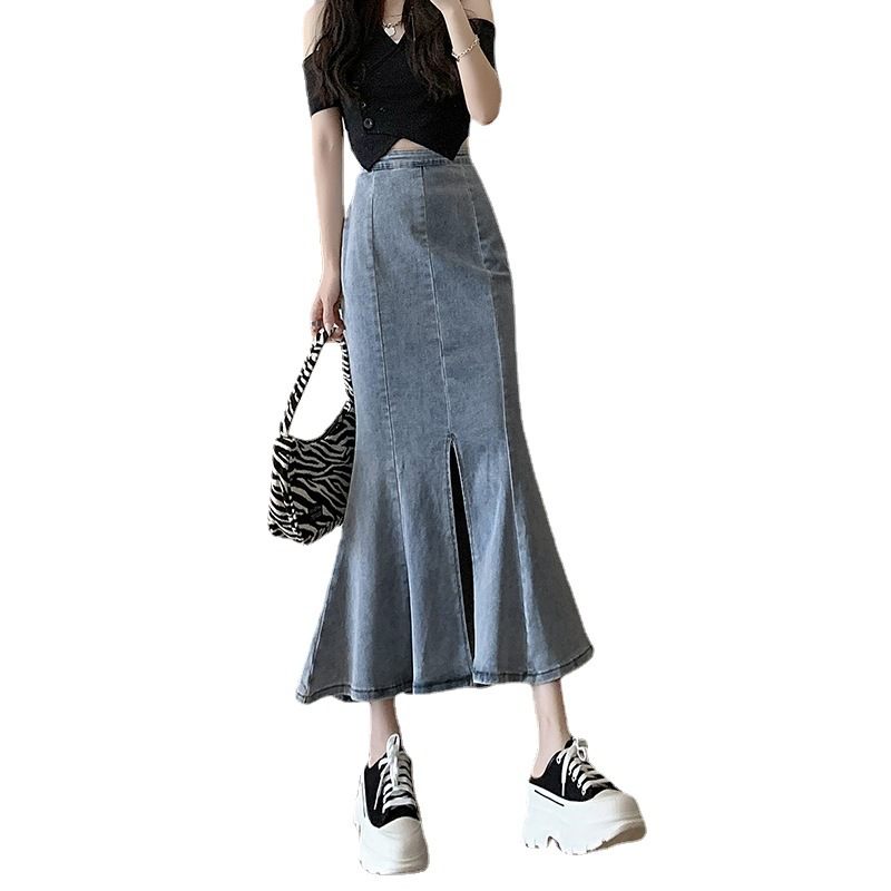 Hoge Taille Elastische Fishtail Denim Rok Halflange Slit Wrap Heupen Lotusblad Rok