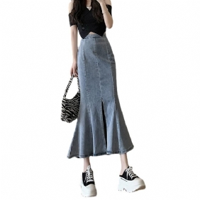 Hoge Taille Elastische Fishtail Denim Rok Halflange Slit Wrap Heupen Lotusblad Rok