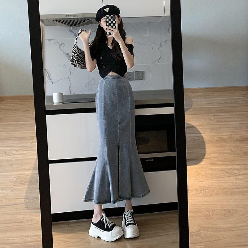 Hoge Taille Elastische Fishtail Denim Rok Halflange Slit Wrap Heupen Lotusblad Rok