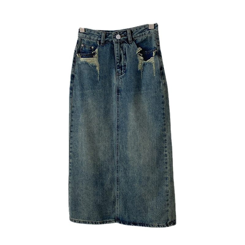 Pocket Back Slit Denim Rok Vrouwen Hoge Taille Halflange Rok