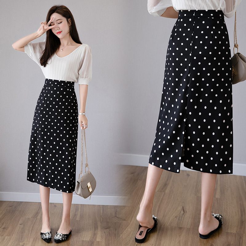 Polka Dot Rok Halflang 2024 Hoge Taille Recht