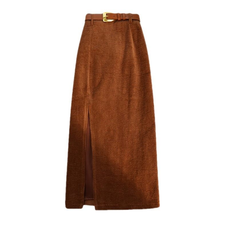 Retro Corduroy Splitrok Dames Halflange Heupomslag Met Hoge Taille