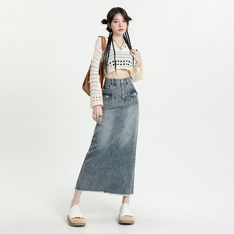 Retro Design Rok Vrouwelijke Casual Denim Rok Hoge Taille Losse Halflange Zakknopen