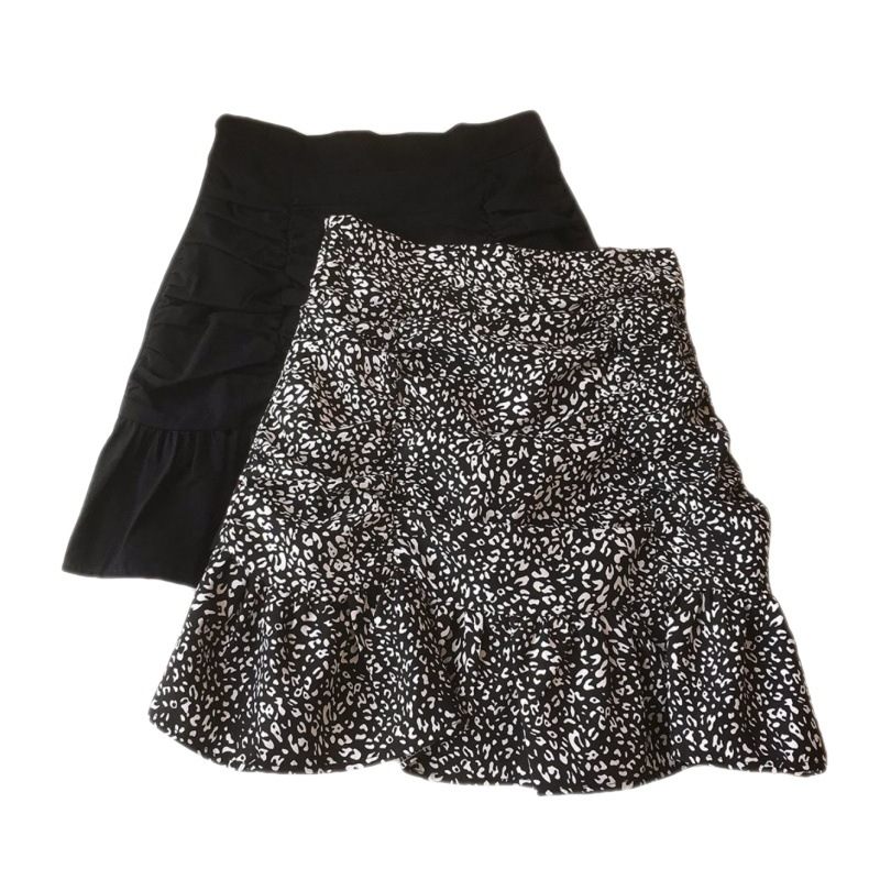 Zwarte Ruches Halflange Rok Hoge Taille Print Temperament