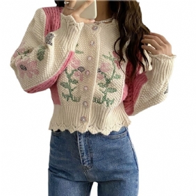 2024 Damessweaterjas Kort Slim Fit Kleurafstemming Bloemen Gebreid Vest Tops