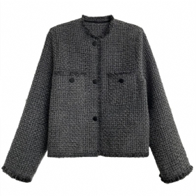 Grijze Wollen Jas Dames Korte Tweed Top Met Kwastjes