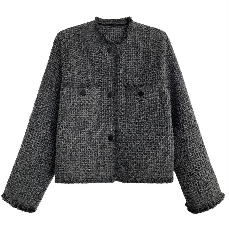 Grijze Wollen Jas Dames Korte Tweed Top Met Kwastjes