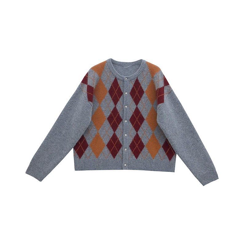 Retro Rhombus Sweater Cardigan Jasje Dames Short Loose Knitwear Trend