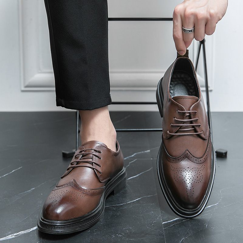 2024 Lente Nieuwe Casual Puntschoen Leren Jurk Schoenen Mannen Trendy Zakelijke Brogue Kleding