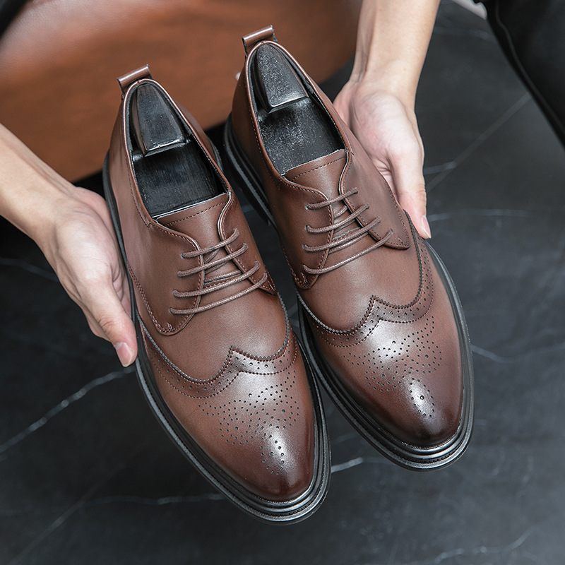 2024 Lente Nieuwe Casual Puntschoen Leren Jurk Schoenen Mannen Trendy Zakelijke Brogue Kleding