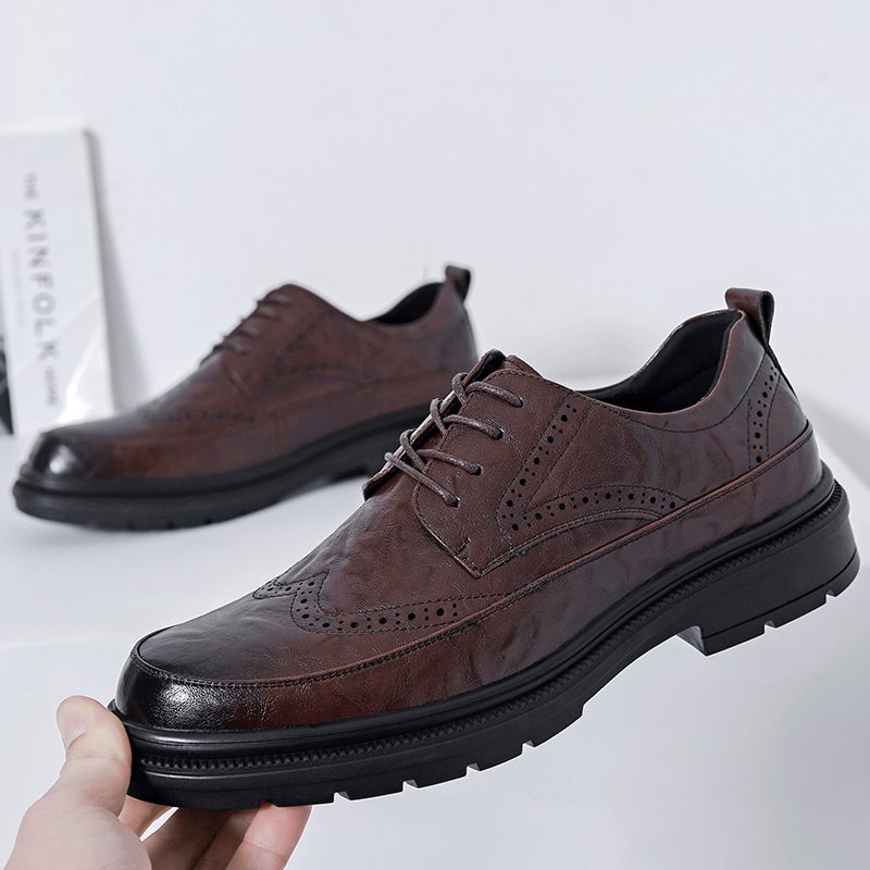 Formele Schoenen Heren Lente Ademend Leer Zakelijke Brogue Gesneden Casual Verhoging Bruidegom Bruiloft Herenschoenen