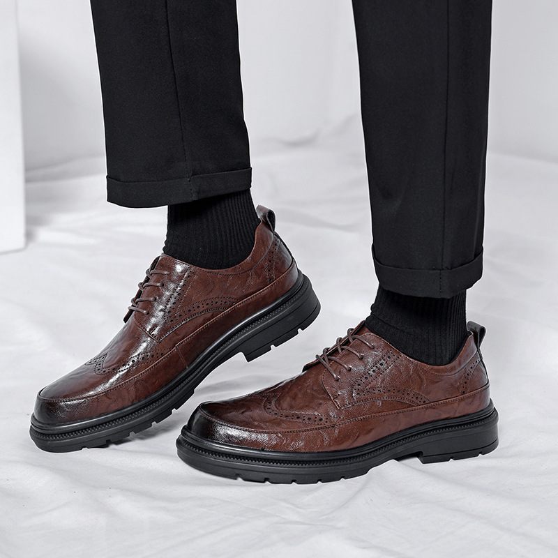 Formele Schoenen Heren Lente Ademend Leer Zakelijke Brogue Gesneden Casual Verhoging Bruidegom Bruiloft Herenschoenen