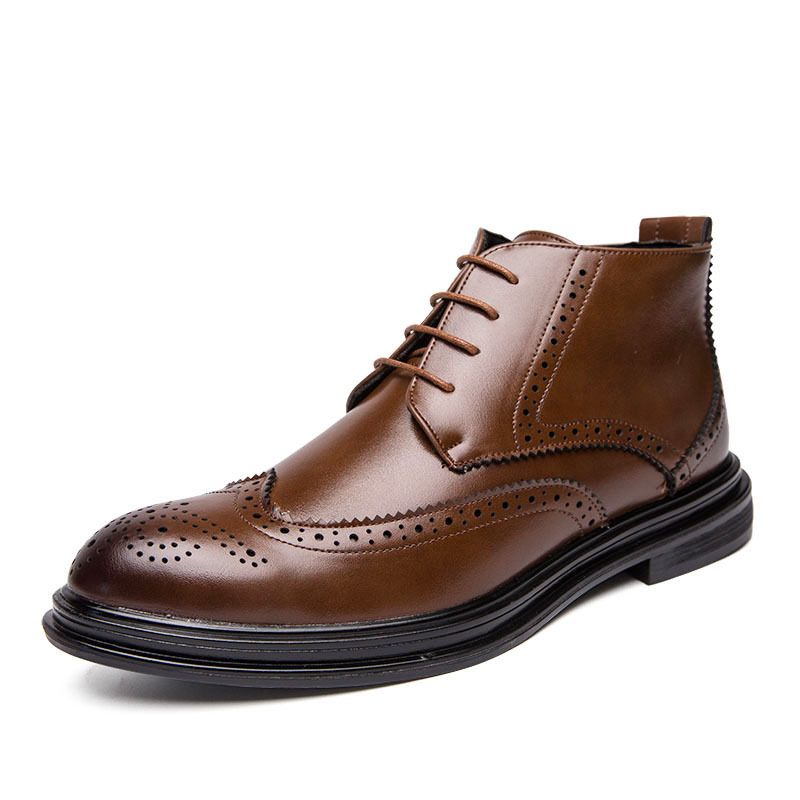 High-top Brogue Schoenen Gesneden Spitse Laarzen Heren Lente Trendy Casual Kleding Zijrits Leren