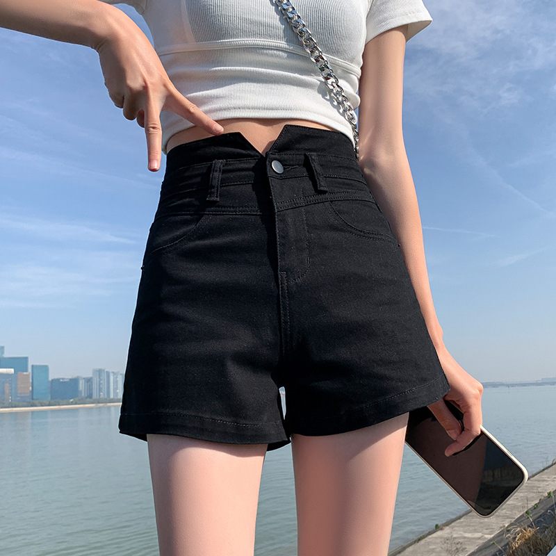 2024 Dames Lichtblauw Slim Fit Stretch Denim Shorts Zwart Hoge Taille