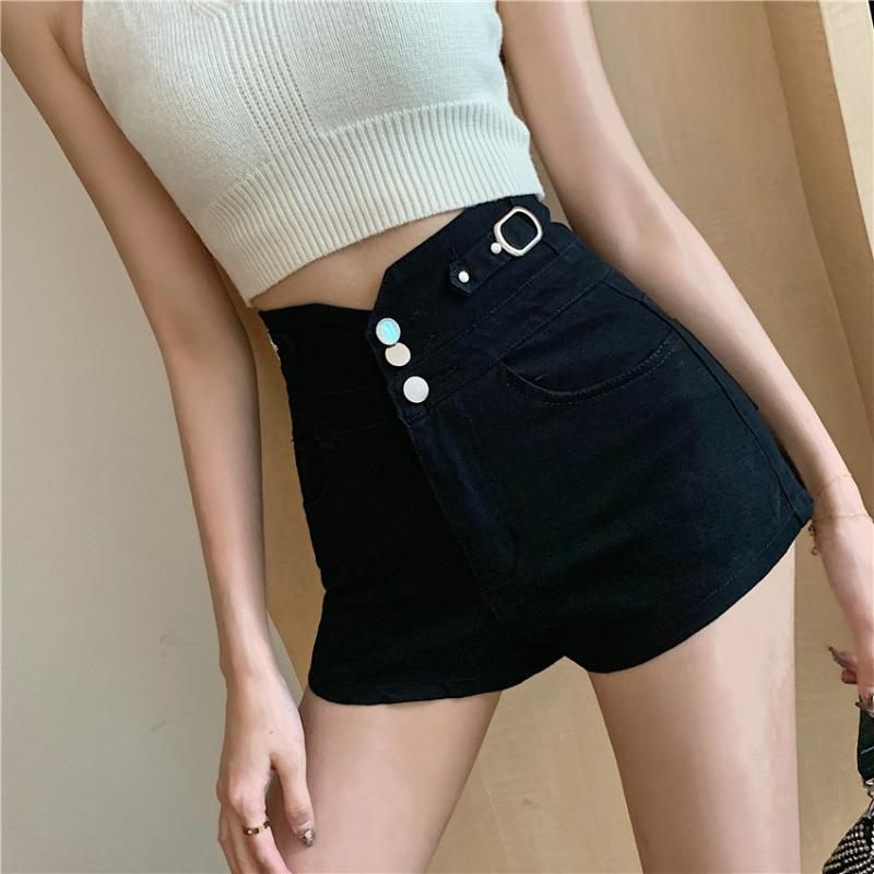 2024 Lente En Zomer Nieuwe Button-down Hoge Taille Denim Shorts Dames Wijde Pijpen Broek Slim-fit Elastische A-lijn Hotpants