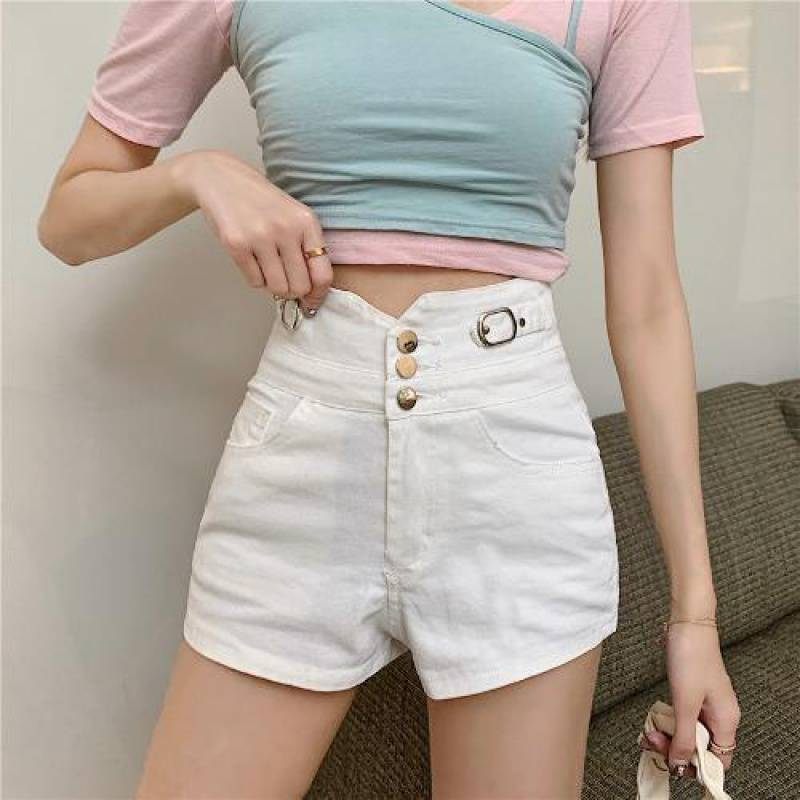 2024 Lente En Zomer Nieuwe Button-down Hoge Taille Denim Shorts Dames Wijde Pijpen Broek Slim-fit Elastische A-lijn Hotpants