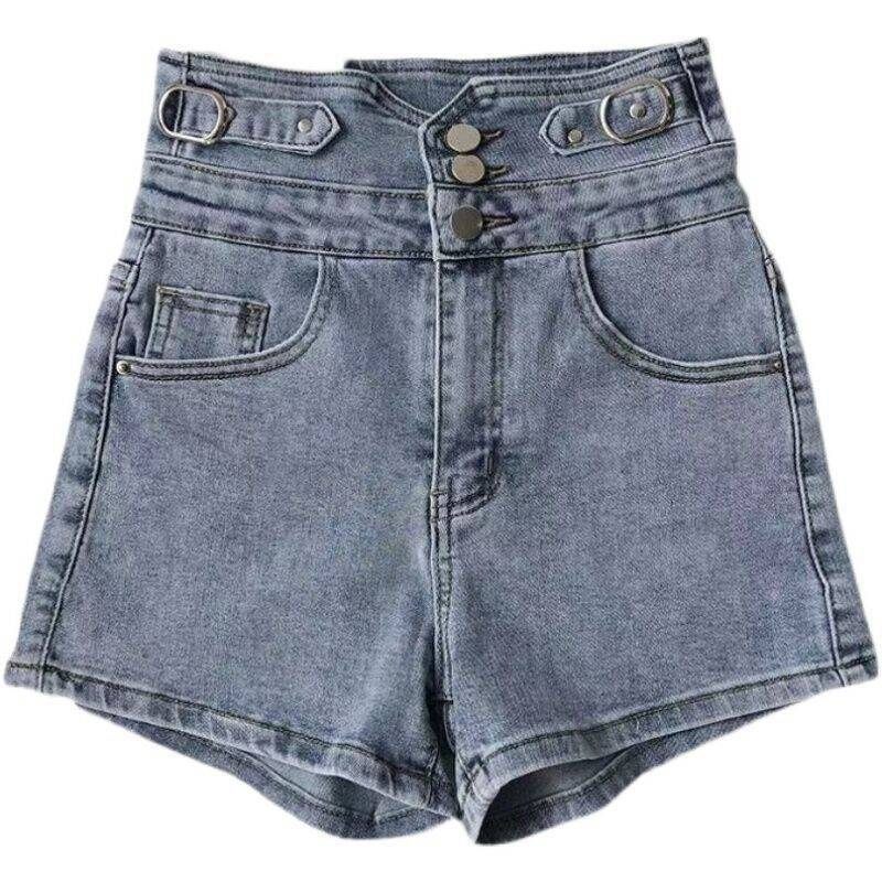 2024 Lente En Zomer Nieuwe Button-down Hoge Taille Denim Shorts Dames Wijde Pijpen Broek Slim-fit Elastische A-lijn Hotpants