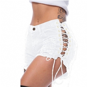 2024 Ripped Side Bandage Elastische Hotpants Denim Shorts Dames