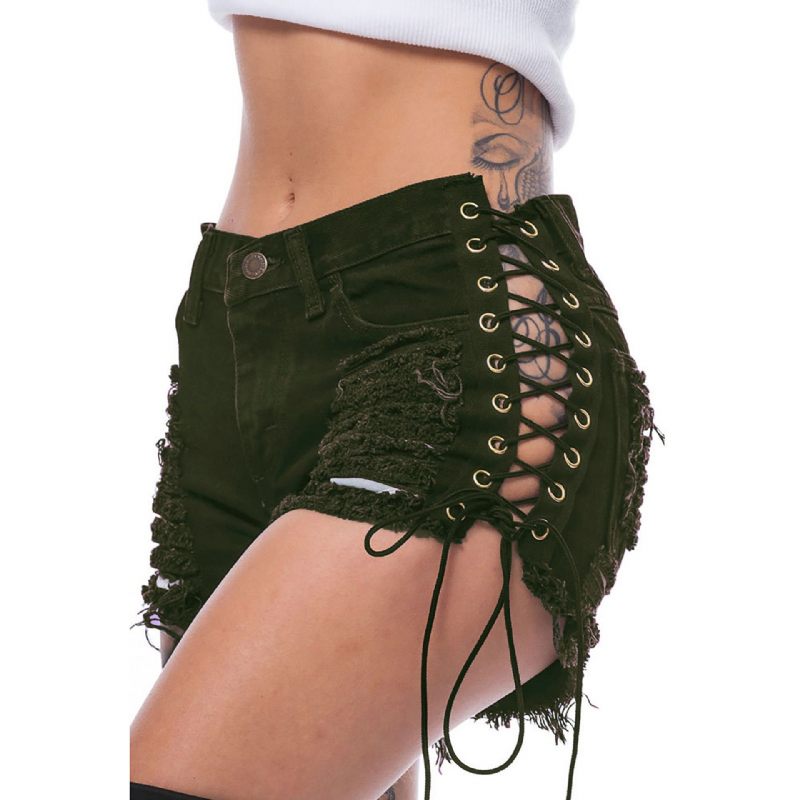 2024 Ripped Side Bandage Elastische Hotpants Denim Shorts Dames