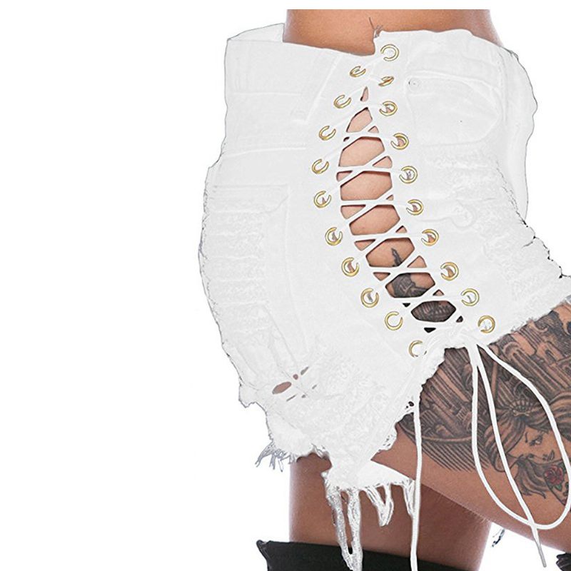 2024 Ripped Side Bandage Elastische Hotpants Denim Shorts Dames