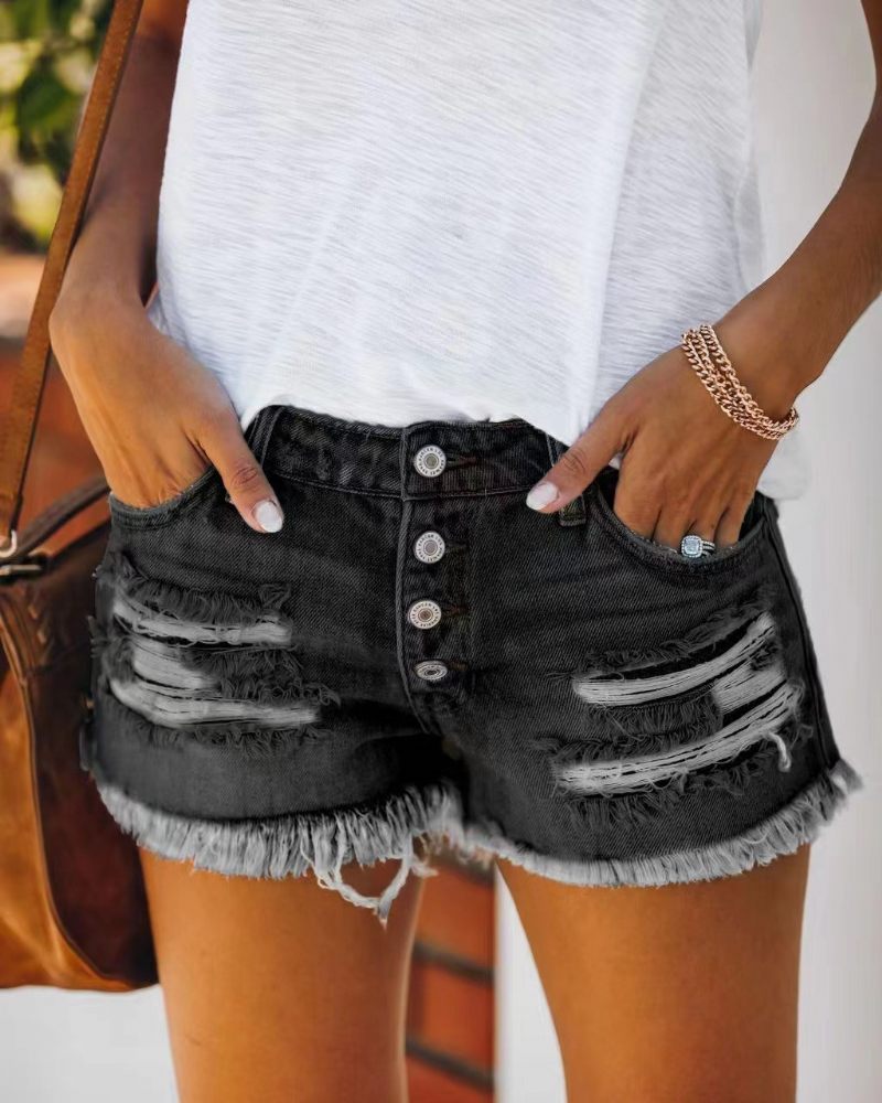 2024 Trend Ripped Kwastjes Denim Short Met Rechte Rij Knopen