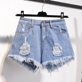 Dames Denim Raw Shorts Los Gescheurde Wijde Pijpen