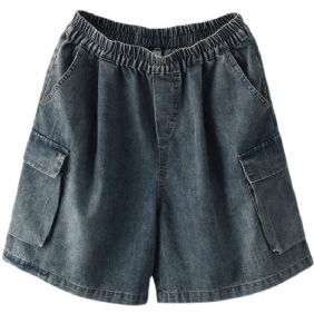 Dames Denim Shorts Elastische Taille Kunst Grote Zakken Wijde Pijpen Casual